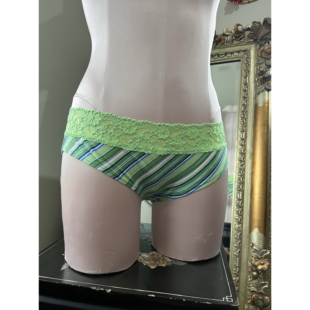 Vintage Victoria's Secret Green Stripe Lace Glitter  Hipster Panty Size L